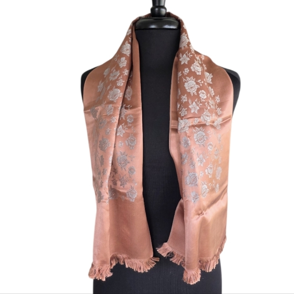Vintage 70s Silky Woven Floral Scarf Copper Shimmer Boho Chic